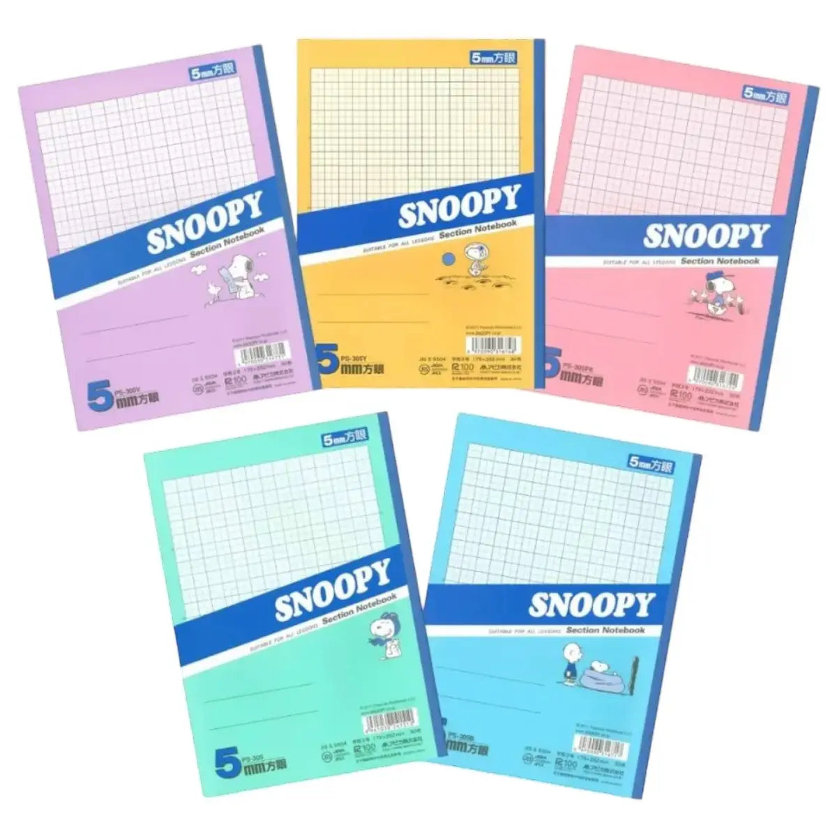 pack 5 cuadernos snoopy 5mm cuadros