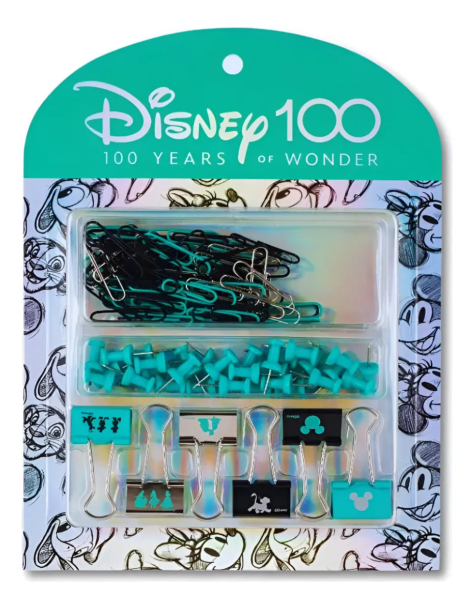 set de escritorio disney 100 años - clips, apretadores y pines