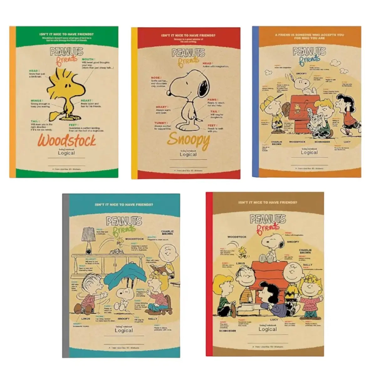 pack 5 cuadernos logical snoopy vintage