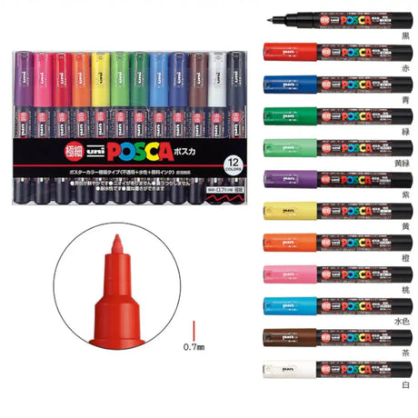 set marcadores uni posca punta extra fina 1m 12 colores
