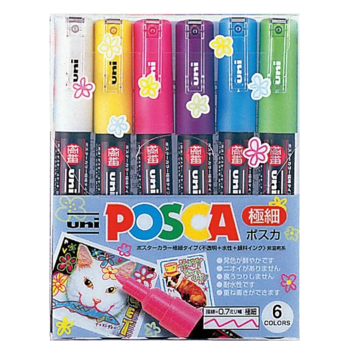 set marcadores uni posca punta extra fina 1m 6 colores