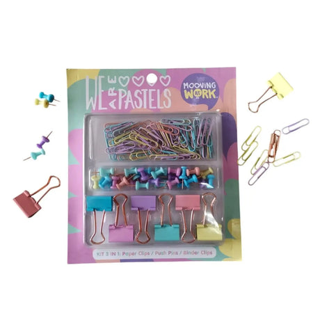 set de escritorio mooving pastel - clips, apretadores y pines